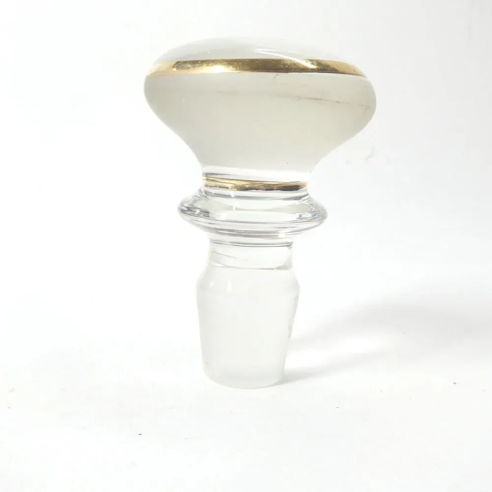 Vintage Glass Mushroom Knob Stopper Clear w/ Gold Band Bottle Decanter